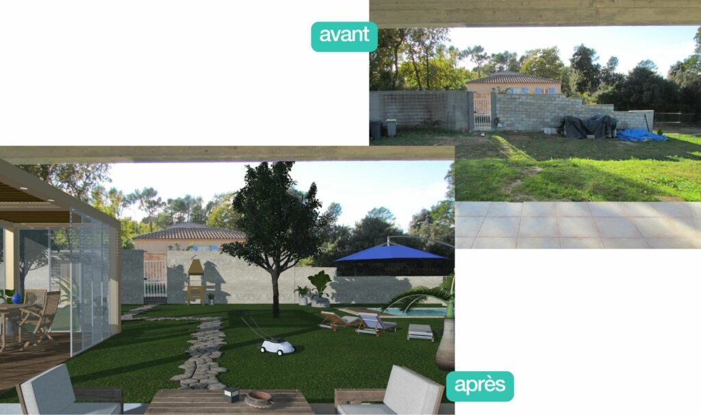 avant et après d'un aménagement extérieur pour une maison en construction
